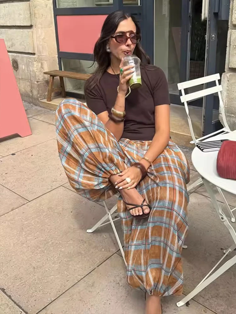 Women Autumn New Ramie Bloomers Plaid Printed Loose Pants Female Fashion Versatile Drawstring Streetwear Casual Trousers