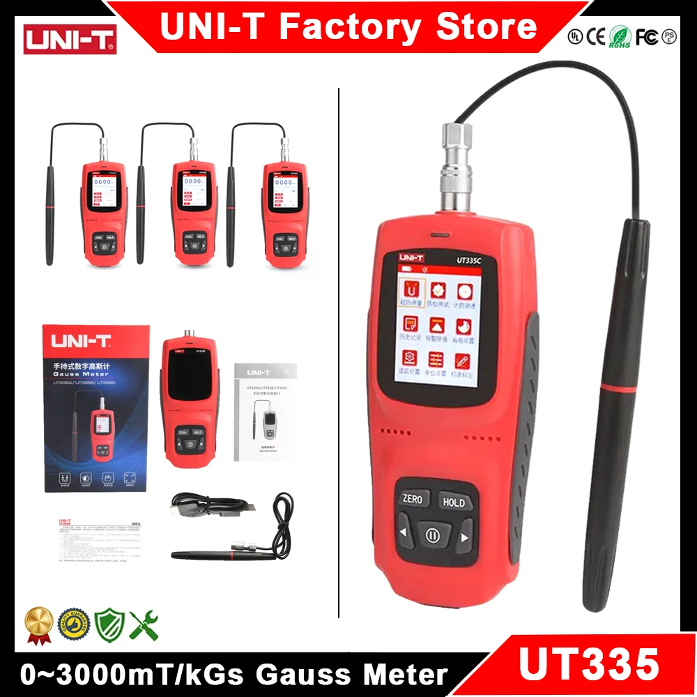 Digital Tesla Meter UNI-T UT335 Gauss Meter Magnetic Detection 0~3000mT/kGs Surface Magnetic Strength Gaussian Meter with Data Storage Calibration