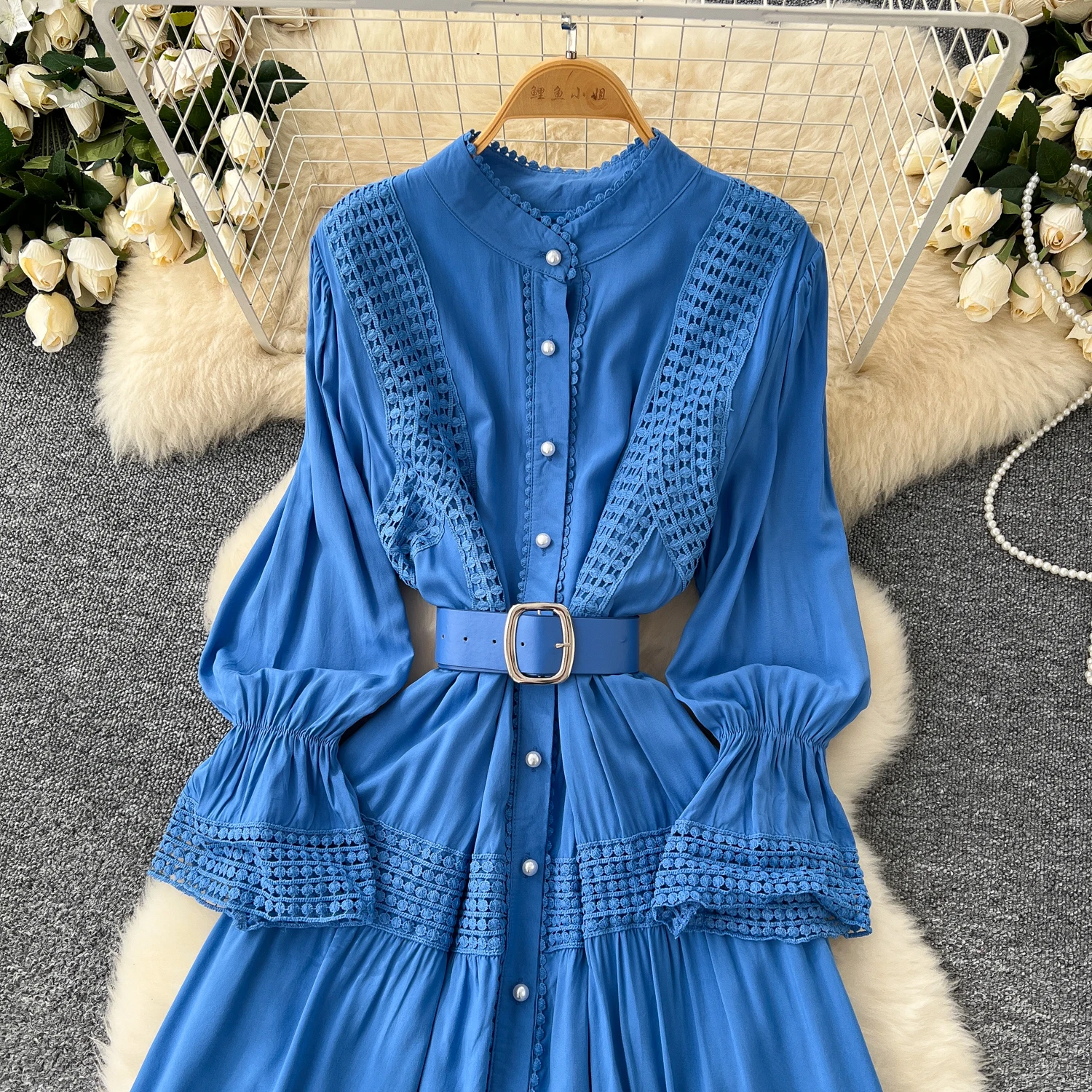 Chic Lace Slim Stand Collar Long Sleeve Spliced Single Breasted Dress High Street Vintage Evening Women Autumn Winter Clothing