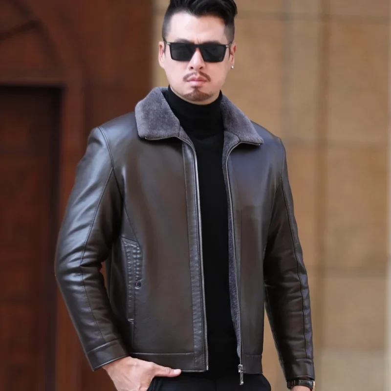 Men's Fur One Casual Thickened Motorcycle Jacket Mens Fashion Leather Jacket Male Plus Cashmere Sheep Leather Short Coat leather jackets