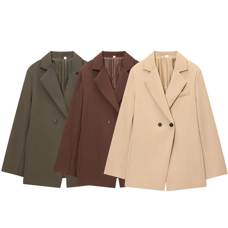 Women Fashion Solid Blazer Lapel Slim Double Breasted Long Suit Coat Female Office Commute Blazers Woman Street Outercoat Top ﻿