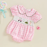 Baby Girl Golf Outfit Plaid Print Short Sleeve Lapel Golf Romper Smocked Bodysuit Cute Newborn Girl Coming Home Outfit 2