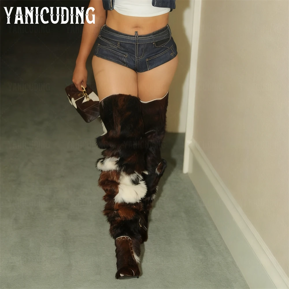 Cowhide Furry Thigh High Boot Fashionable Black Rivet over the Knee Boots Designer Style Pointed Toe Stiletto Boots for Women - Image 3