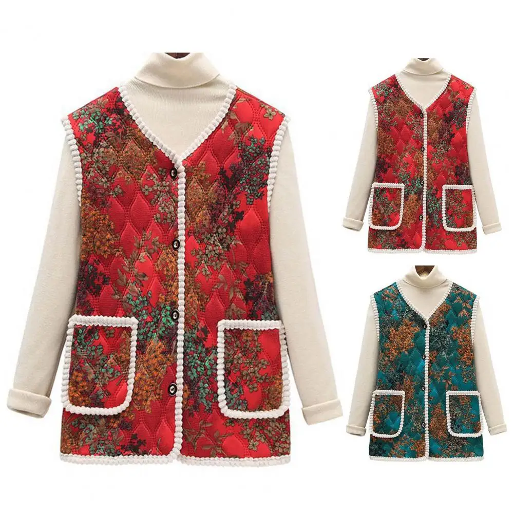 

Versatile Women Vest Stylish Middle-aged Women's Floral Vest Coat Warm Windproof Fashionable Outerwear with Large Pockets
