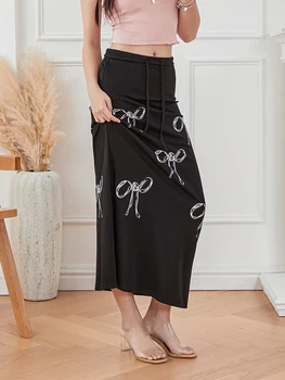 Women's Drawstring Long Skirts Fashion High Waist Bow Print Color Midi Skirts Ankle Length Skirts 5