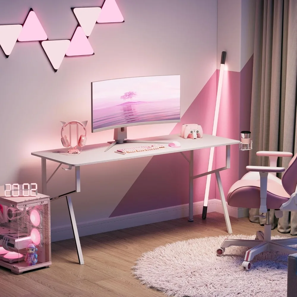 ergonomic k-shaped gaming desk, 63" x 24" home office desk with cable management and cup holder for study and work