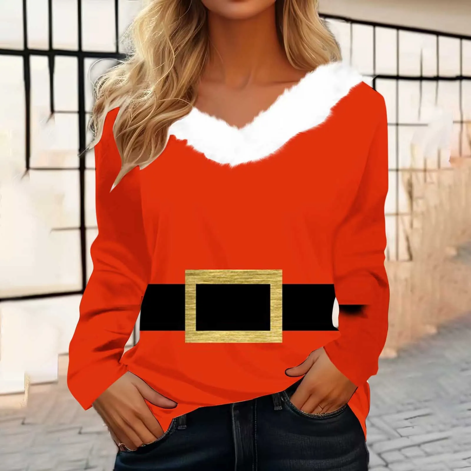 

Женская футболка с длинным рукавом, топ с 3d принтом рождественского оленя, осенняя Повседневная Свободная одежда с меховым воротником и круглым вырезом, модная женская блузка, 2023