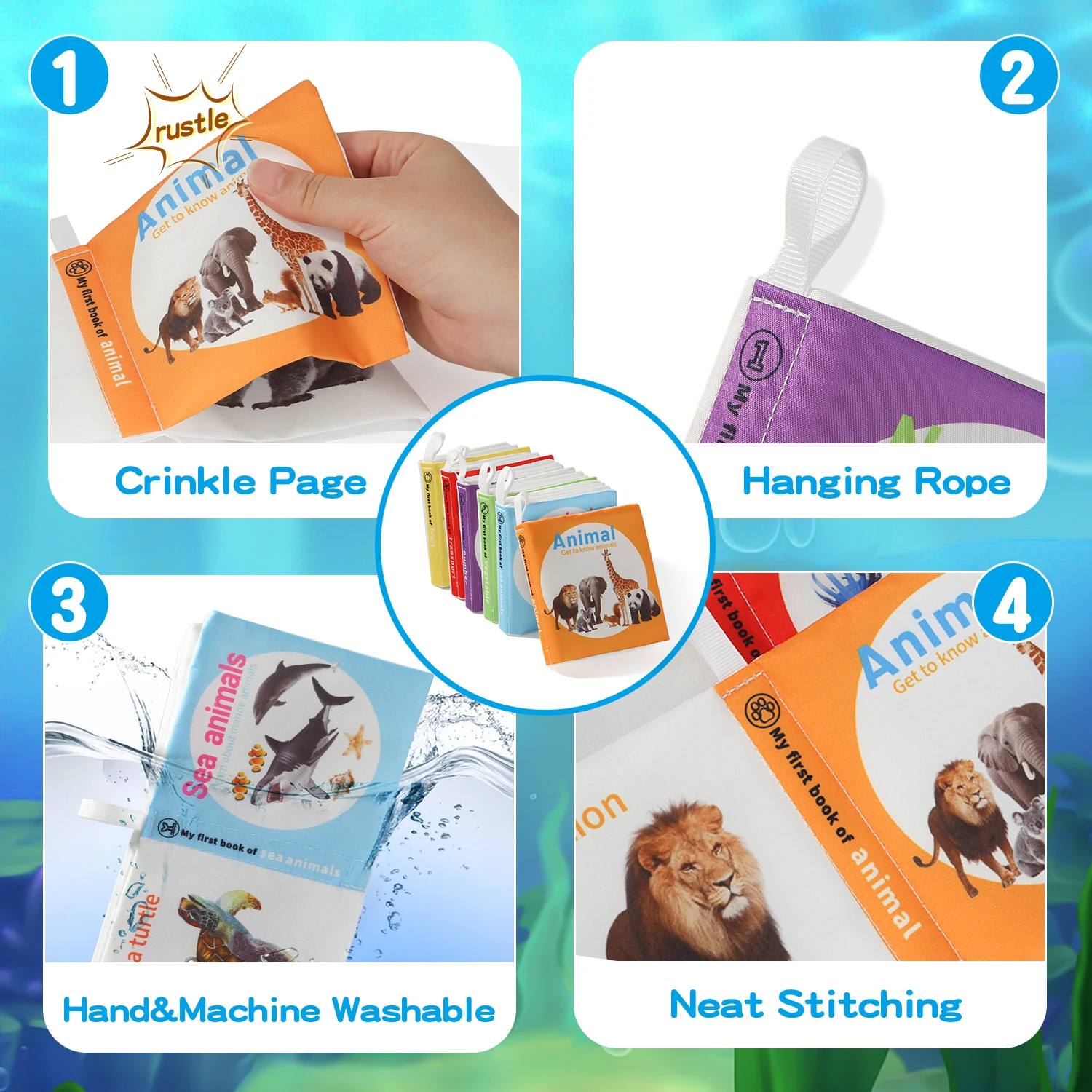 Libro di illuminazione per bambini a sei pagine 0-6 mesi Carta sonora lavabile addensata + Touch Grip Neonato Visual Touch Illuminazione Cogniti - immagine 4