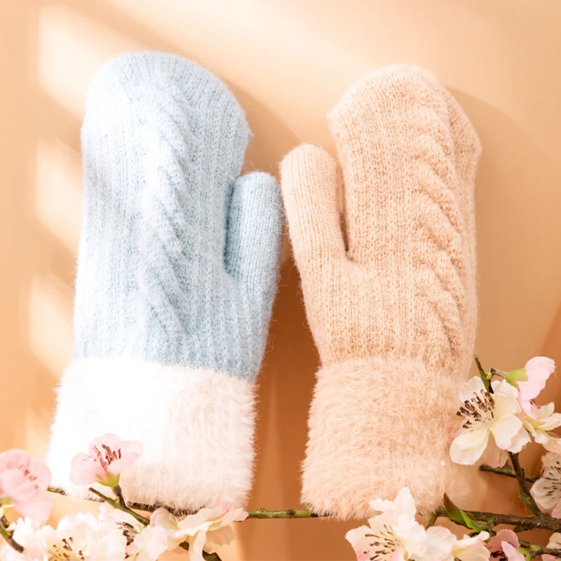 

Harajuku Crochet Knitted Twist Gloves Fleece Line Wool Full Finger Mitten Outdoor Cycling Ski Fingerless Glove Warm Accessories