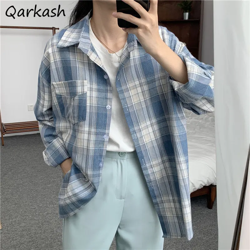 

Plaid Shirts Women Long Sleeve Elegant Casual Tops All-match Spring Pockets Camisas Ropa Mujer Clothing Ulzzang Fashion Retro