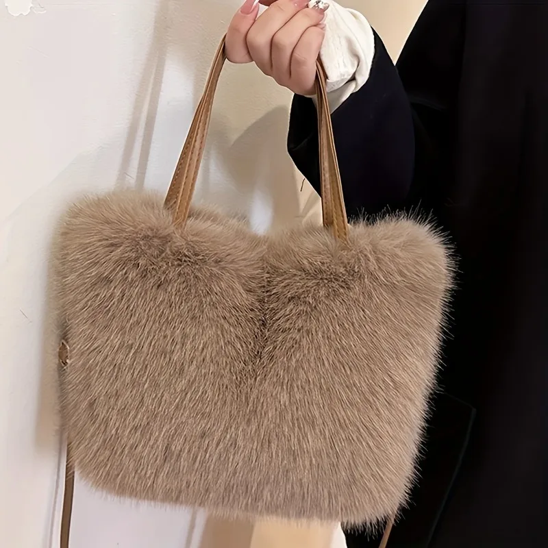 Chic Faux Fur Handbag with Detachable Strap Casual & Formal Occasions Women's Tote Bag, Stylish Fur Plush Shoulder Crossbody Bag