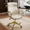 White and Gold Office Chair with Soft Leather Embroidery, Mid Back Vintage Swivel Executive Desk Chair with Wheels and Padded 1