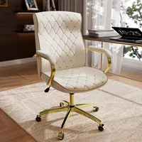White and Gold Office Chair with Soft Leather Embroidery, Mid Back Vintage Swivel Executive Desk Chair with Wheels and Padded 1