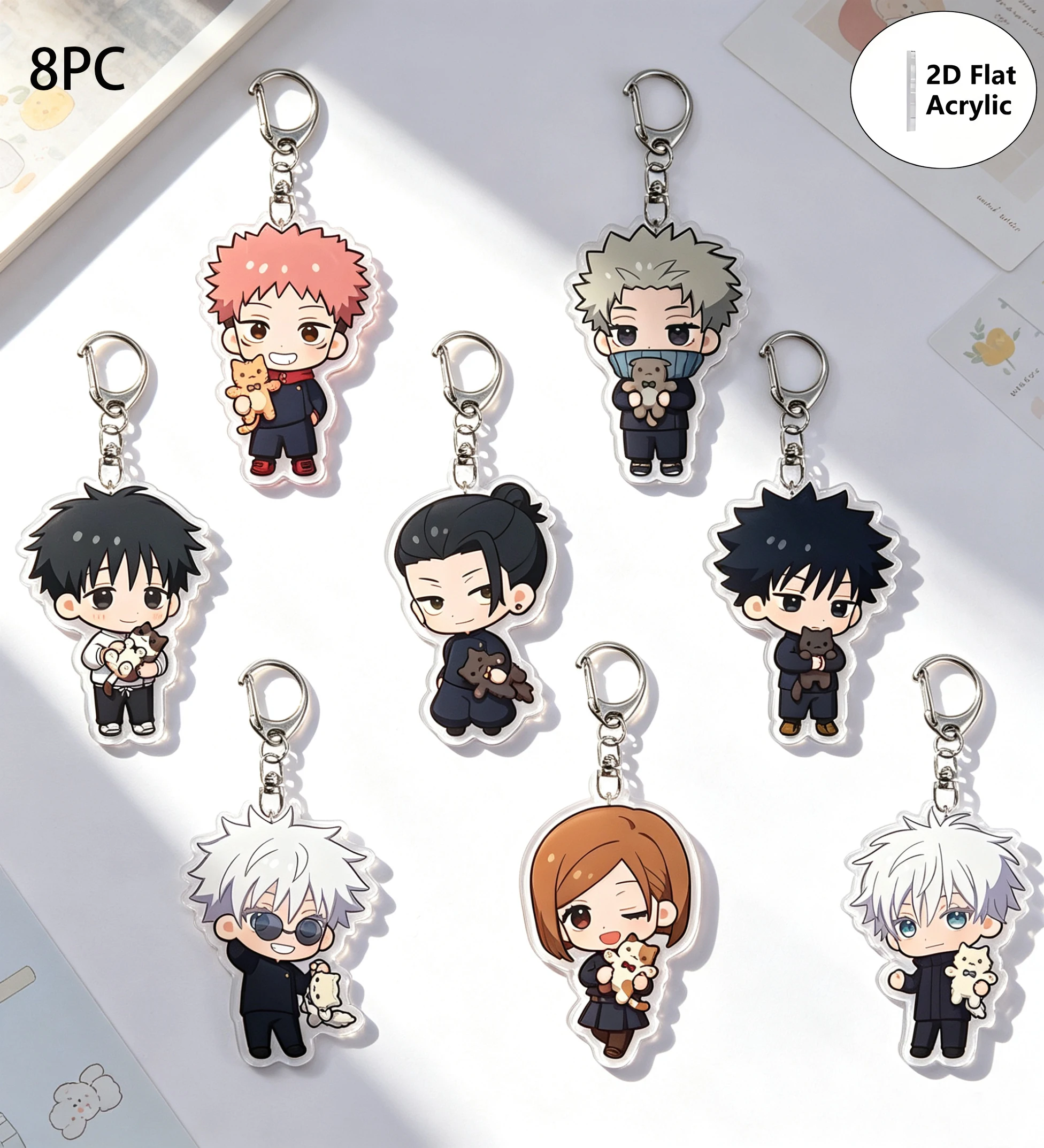 8-teiliges Anime Schlüsselanhänger-Set Jujutsu Kaisen Schlüsselanhänger Damen-Accessoires Niedlicher Taschenanhänger Schlüsselring Acryl Cartoon für Freundesgeschenke