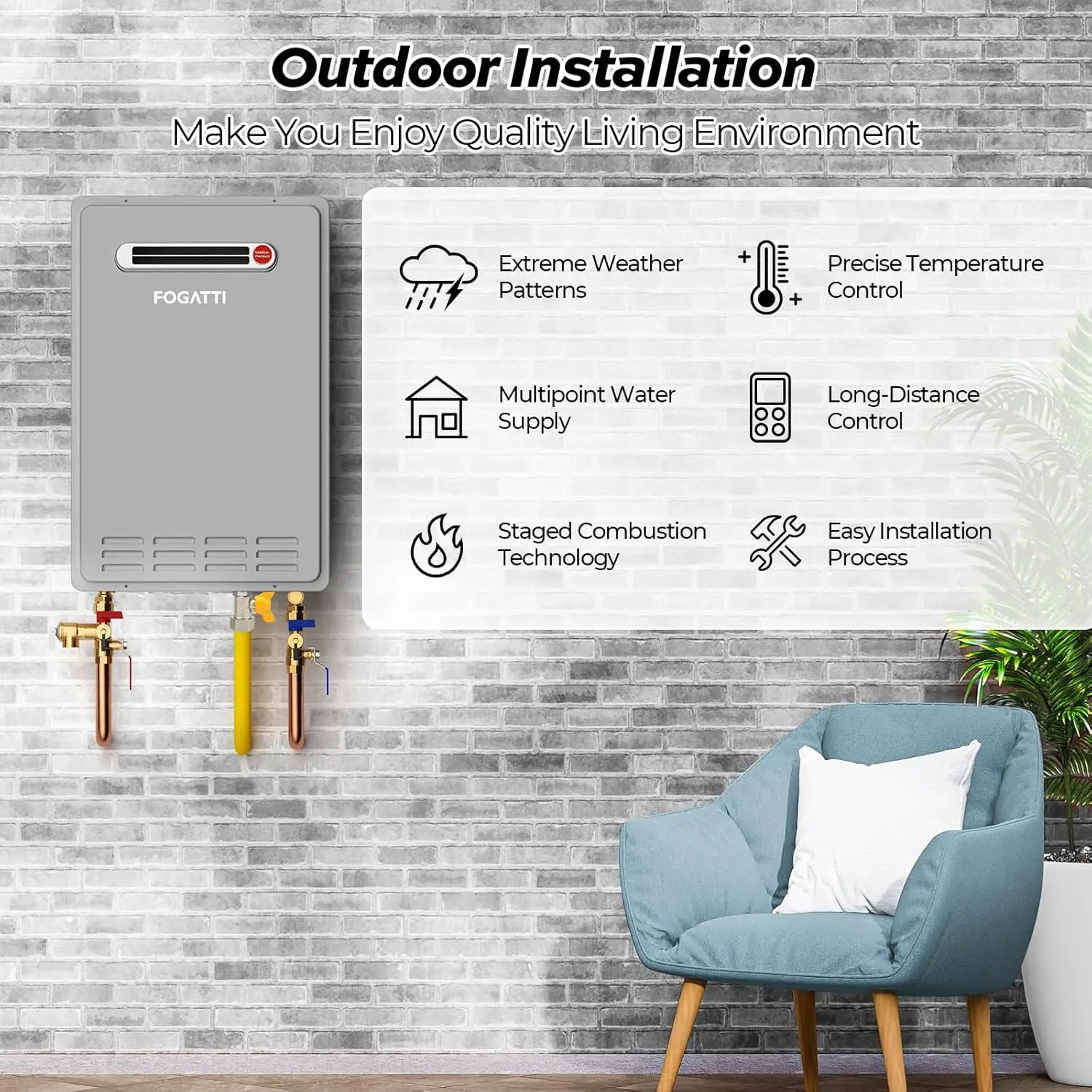 Propane Gas Tankless Water Heater Installation 8.1GPM 180,000BTU Gray Instant Hot Water Heater Instagas Comfort 180S Series