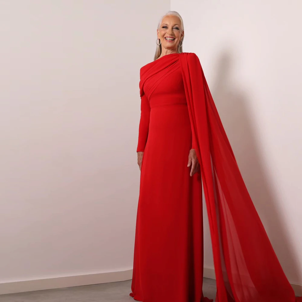 

Elegant Red Mother of the Bride Dresses Jewel Neck Long Sleeves Wedding Party Gowns Pleat Floor Length A-Line فساتين السهرة