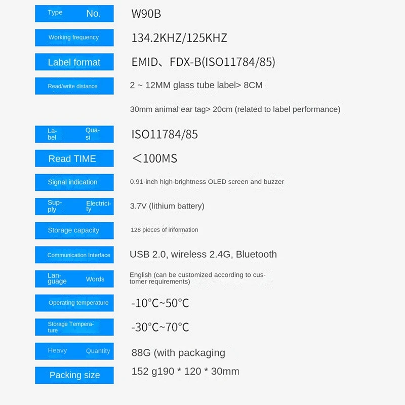 반려동물 마이크로칩 리더 RFID EMID 반려동물 칩 스캐너, 충전식 데이터 저장, 동물 태그 스캐너