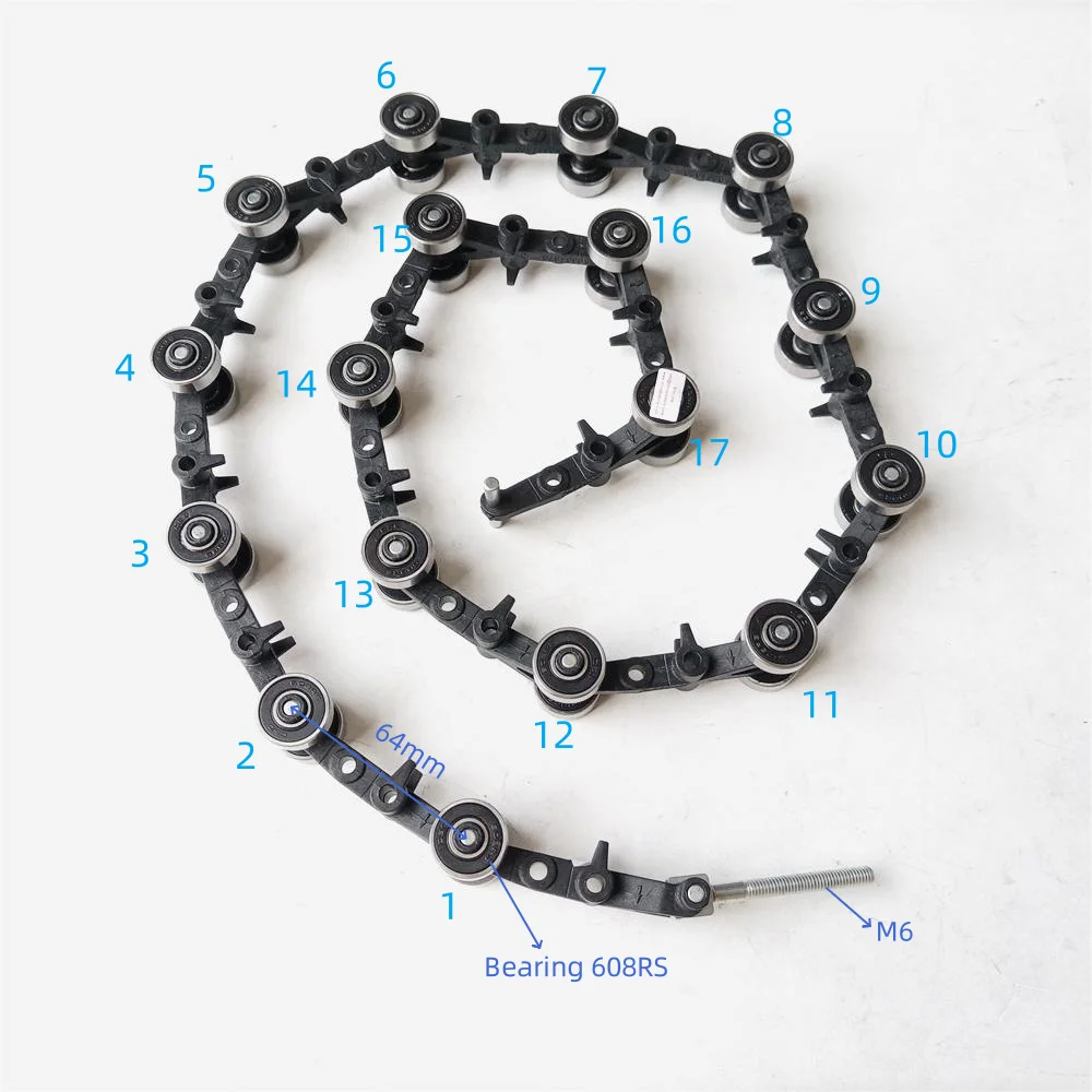 Escalator Newel Chain ID 50664870 PA6.6-30G Escalator Parts Black Double Fork 17 Pairs Bearing 608RS Hnadrail Chain