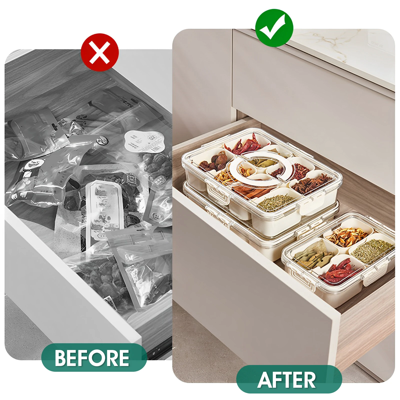 Plastic Dinnerware Divided Serving Tray with Lid and Handle Portable Snack Platters Organizer with 8 Compartments Reusable Appetizer Tray