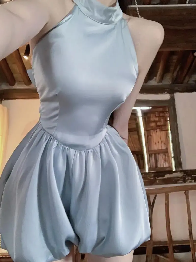 Jumpsuits Backless Bow Blue Women Sleeveless Playsuit Sexy High Waist Wide Leg Solid Rompers Ladies Sexy Fashion