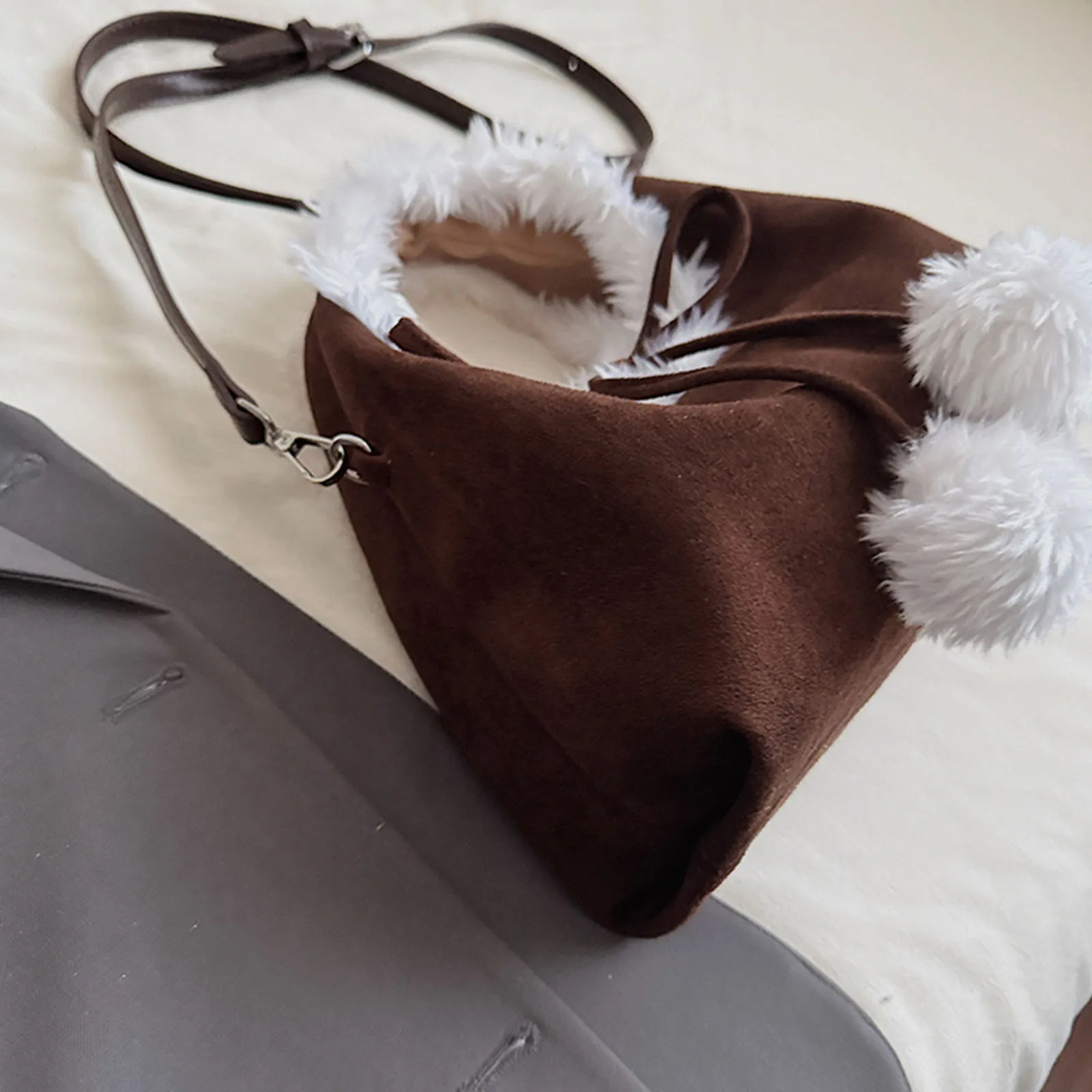 Women Faux Suede Fuzzy Shoulder Bag with Adjustable Strap One Shoulder Armpit Bag Sweet Cute Bow Pom Pom Handbag for Work Travel