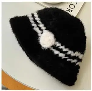 Frauen Echt Nerz Pelz Hut Herbst Winter Mode Lässig Gestreifte Gestrickte Warme Kappe für Weibliche Eimer Hut – Detail 7