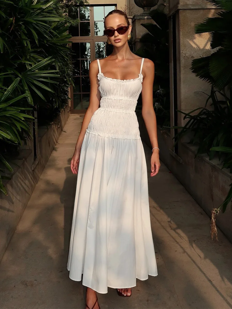 Bornladies New 2026 Summer White Ruched Long Dresses Women's Spaghetti Strap Cotton Slim Fitted Waist Dress