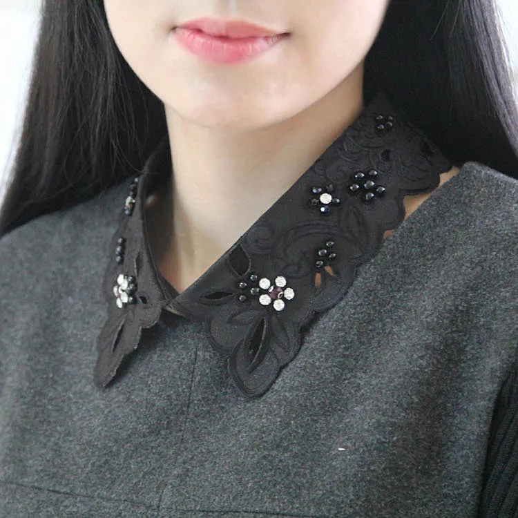 

Fake Collar Women Korean Chiffon Beaded Removable Half Blouse Tops Detachable Lapel Shirt Flase Collars Faux Cols