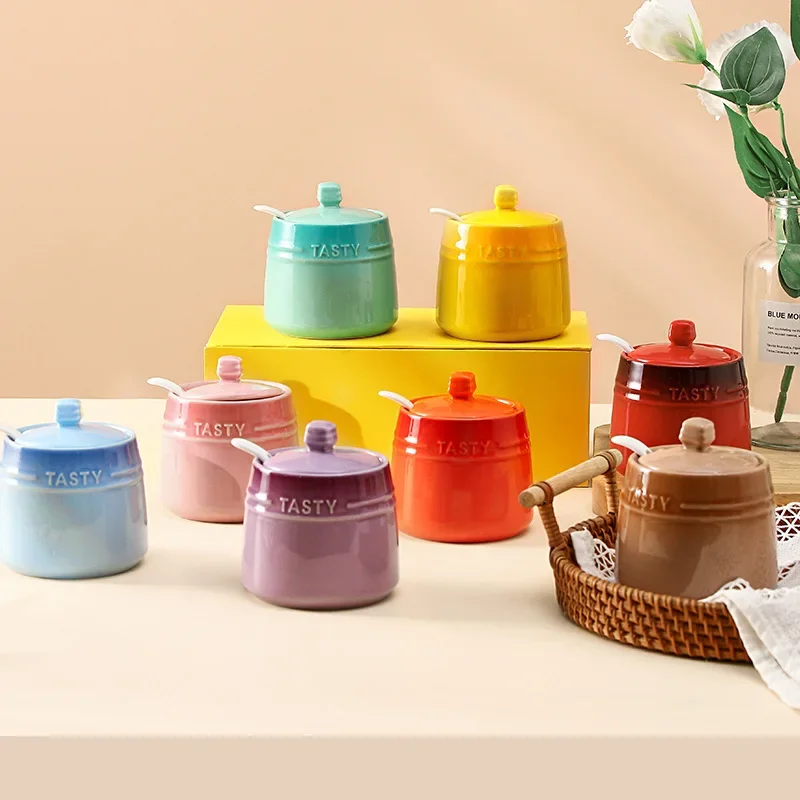 Ice Cream Gradient Ceramic Seasoning Jar With Lid Sugar Salt Storage Accessories Kitchen Spoon French Style Set seasoning jar,spice jar