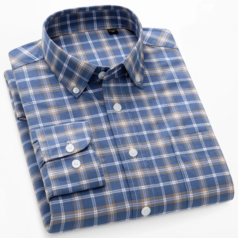 100% Cotton Men's Shirt Long Sleeve Cotton Oxford Plaid Fashion Casual Pocket Regular Fit Striped Business Shirt