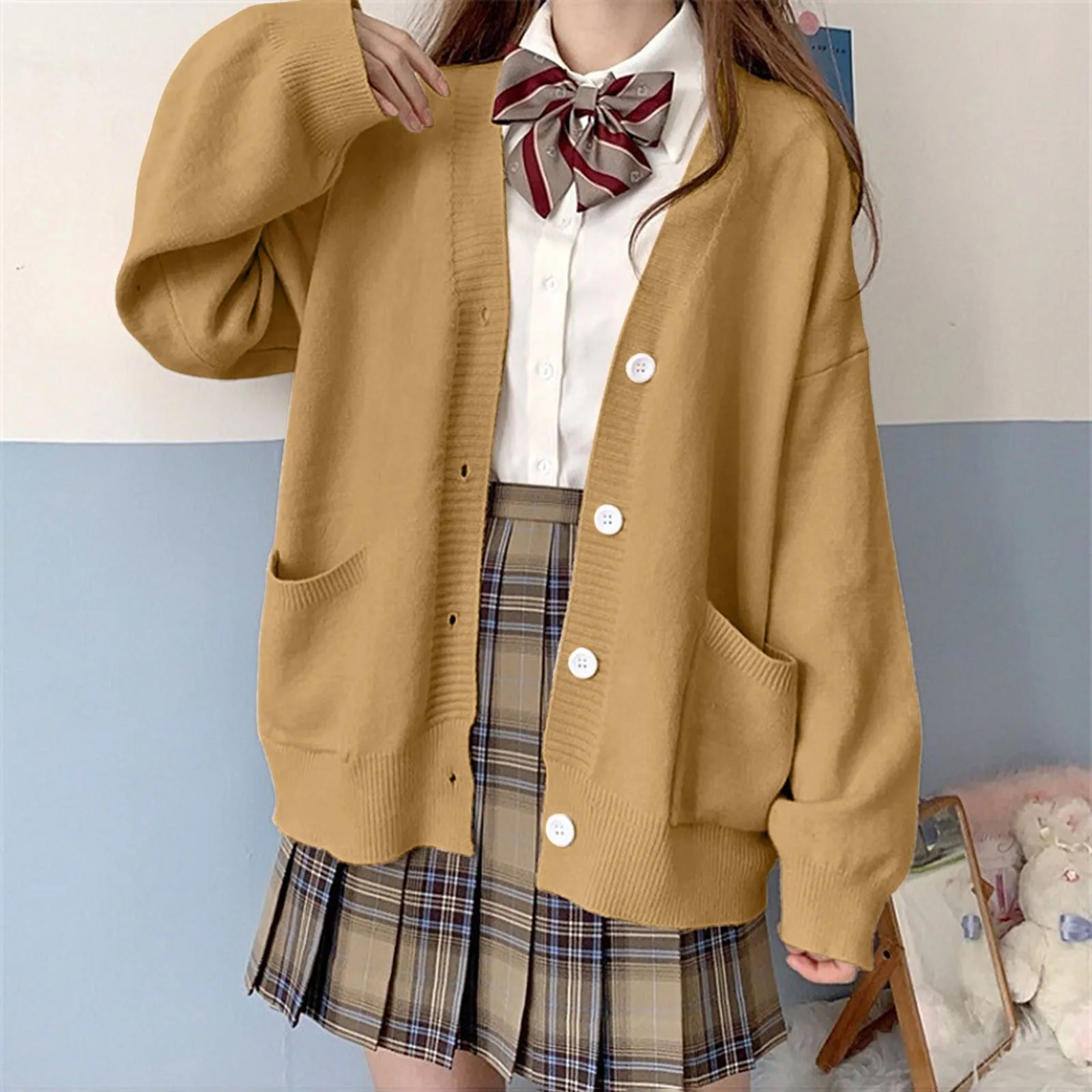 Womens Japanese Cute Knitted Cardigan Sweater Cosplay Long Sleeve Button Down School Jacket Womens Cardigan Preppy Style 3