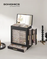 SONGMICS Jewelry Box with Glass Window, 5-Layer Jewelry Organizer with 3 Side Drawers, Jewelry Storage, with Big Mirror, Modern 2