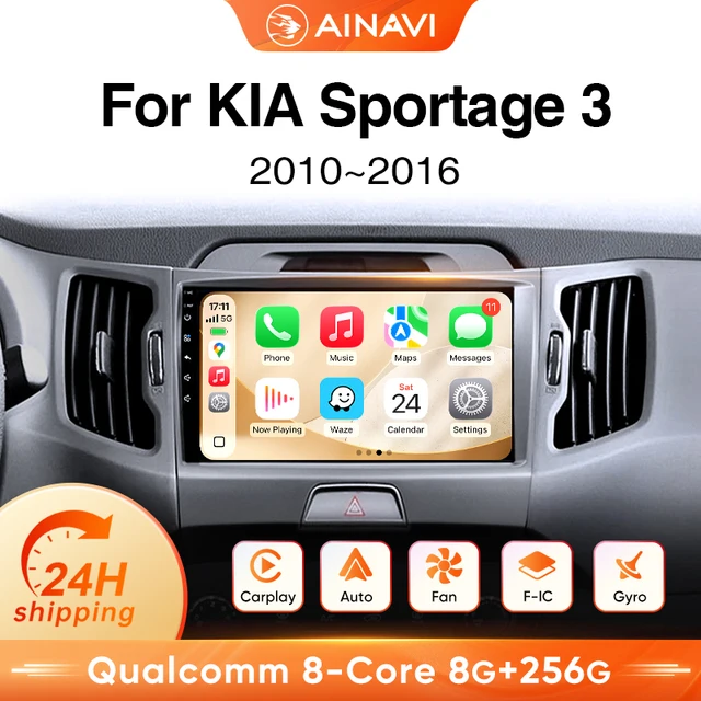 Autoradio AINAVI pour KIA Sportage 3 Sportage R, lecteur multimédia sans fil Carplay Android Auto, Autoaudio GPS HDMI 1280 * 720 BT 5.0, gyroscope, sortie HDMI, contrôle gestuel, ventilateur de refroidissement intégré, 2 DIN 1