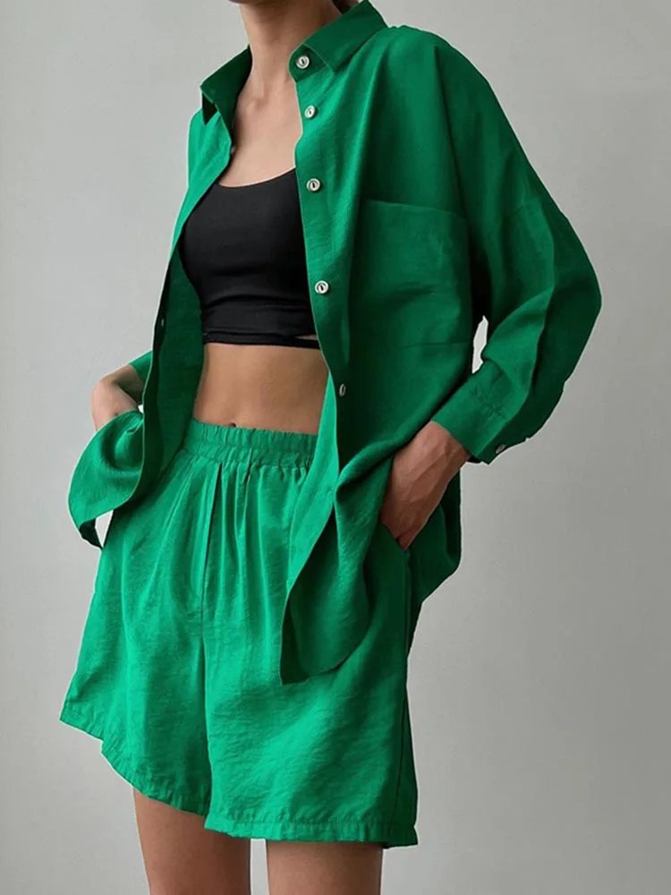 Sommer frauen Anzug Hemd und Kurze Sets Einfarbig Casual Baumwolle und Leinen Bluse und Shorts Zwei Stück Sets frauen Outfit 2023