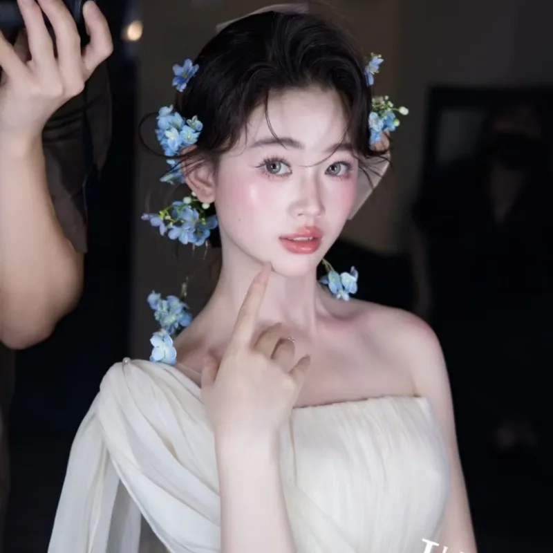 럭셔리 페어리 블루 플라워 신부 가운 헤어 액세서리 새로운 패션 여성 머리 장식