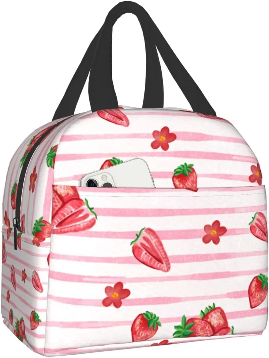 

Lunch Bag with Pocket for Teen Striped Strawberries Insulated Lunch Box Cooler Thermal Waterproof Reusable Tote Bag for Women
