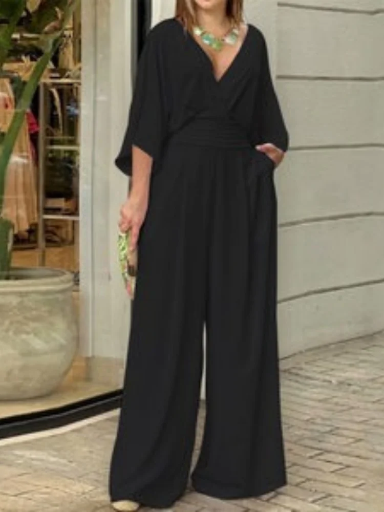 Wmstar Jumpsuits Rompers Women Wholesale Plus Size Woman Instagram Wide Leg Solid Color V Neck Simple Fashionable Jumpsuit