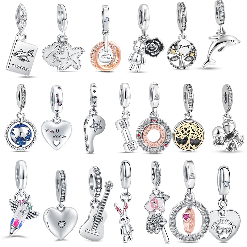 925 Sterling Silver Dolphin Earth Guitar Crayon Friend Family Tree Dangle Charm Beads Fit Original Pandora Bracelet DIY Jewelry original 925 sterling silver pink enamel love makes a family with crystal charm beads fit pandora bracelet