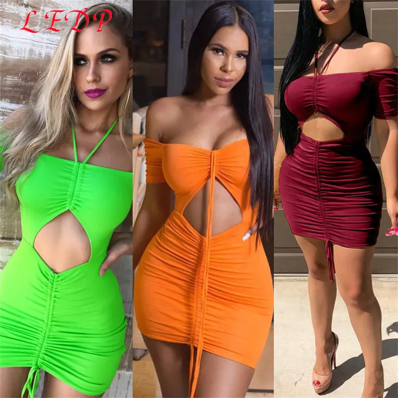 

One-line Neck Hanging Elastic Sexy Tight Nightclub Party Bar Draw Rope Fold Buttock Dress 2023 8375 4