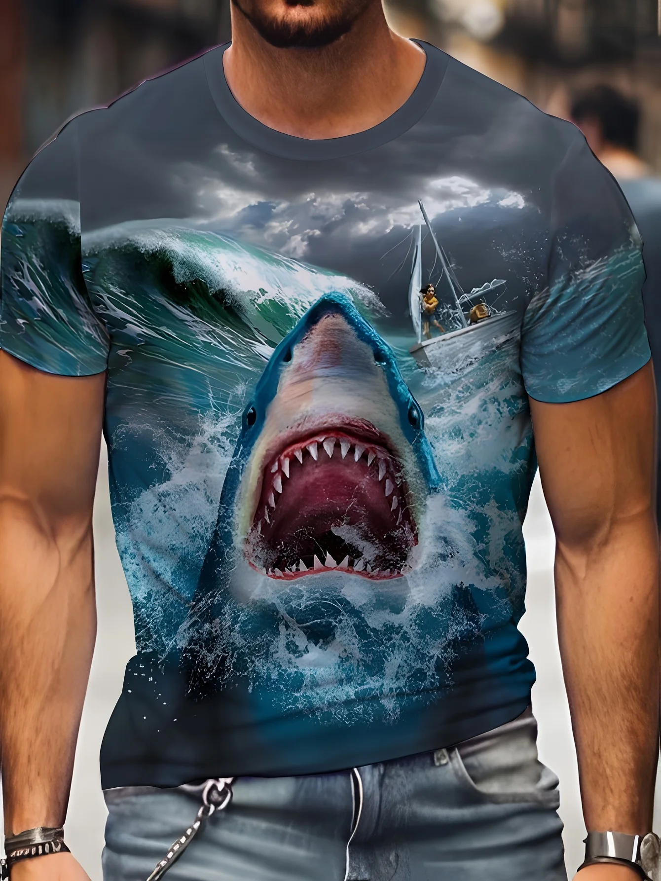 thumbnail image 1 of Camiseta con estampado gráfico de tiburón para hombre de talla grande para verano, ropa para hombre, tela de poliéster suave y ligeramente elástica, camisetas casuales y cómodas, 1 of 4