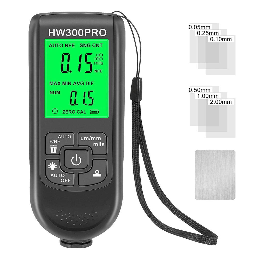 Electroplate Metal Coating Thickness Tester HW-300 Digital 0-2000um Fe and NFe Probe Car Paint Coating Thickness Gauge