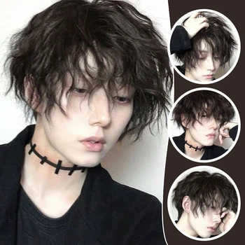 Parrucca corta riccia naturale per uomo Capelli sintetici neri con frangia Capelli finti