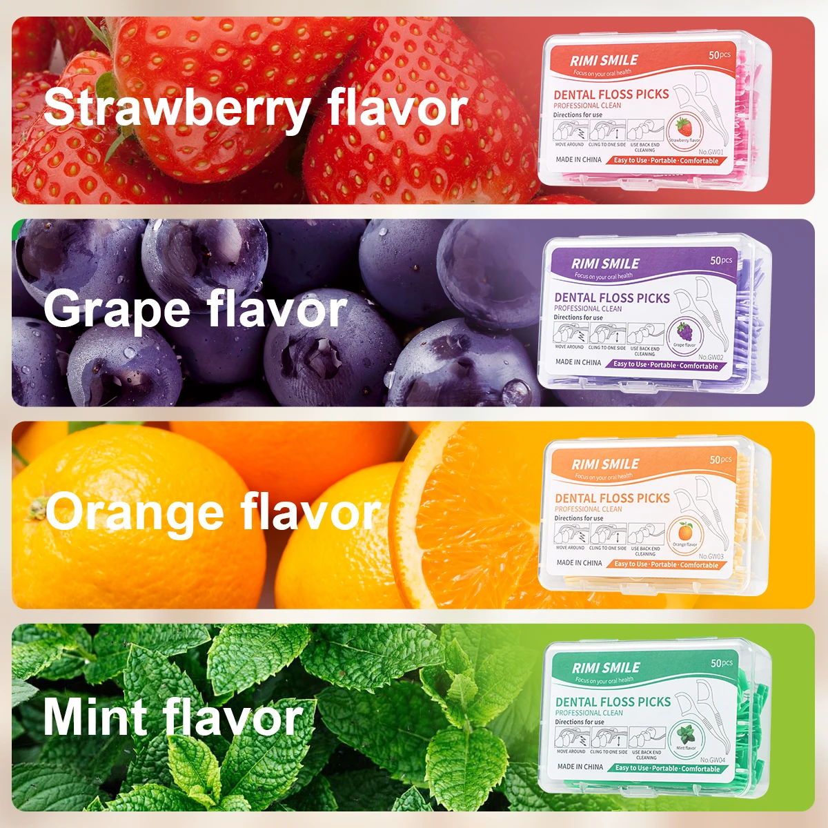 Dental Floss Stick 50 sticks/box Fruit Flavored with 4 Flavors Cleaning Tool for Gaps between Teeth