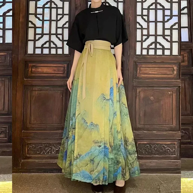 

Summer New Vintage Chinese Style Sets Women High Street Casual Solid Color Shirt and Lacing Pleated Printing Chic A-line Skirt