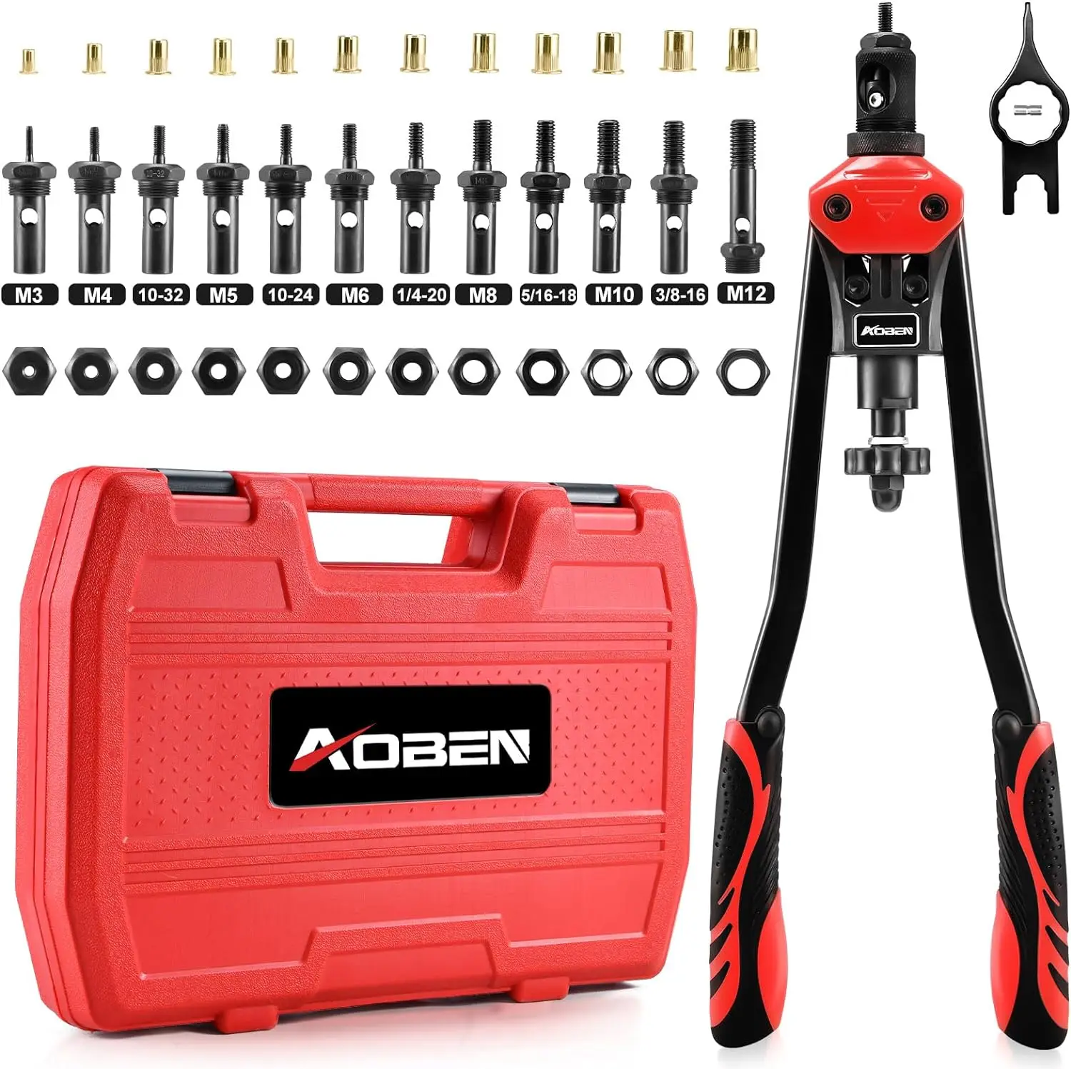 16" Rivet Nut Tool Professional Hand Rivet Nut Setter Kit with 12 Interchangeable Metric & SAE Mandrels