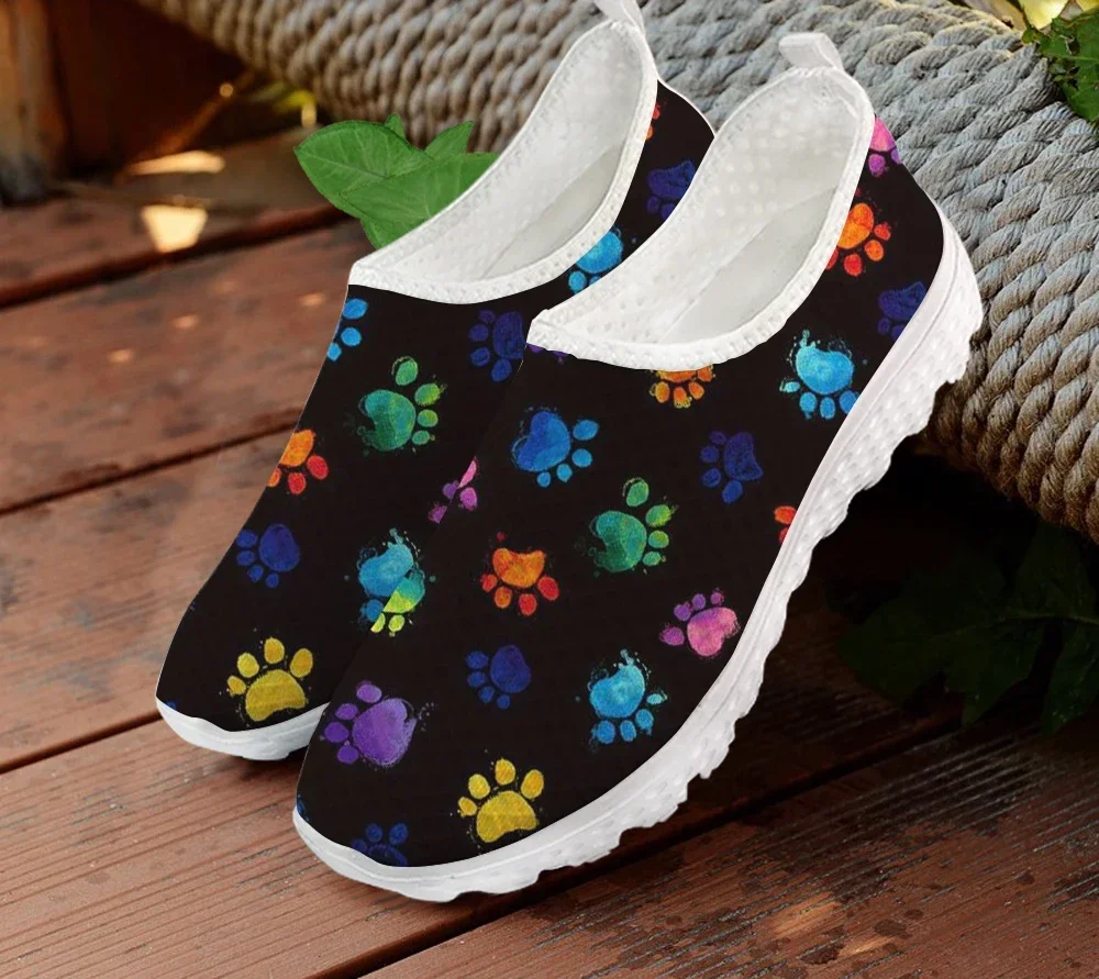 Mesh Women Casual Shoes Rainbow Color Dog Paw Pattern Printing Breathable Flats Female Slip On Sneakers Sapato Lady