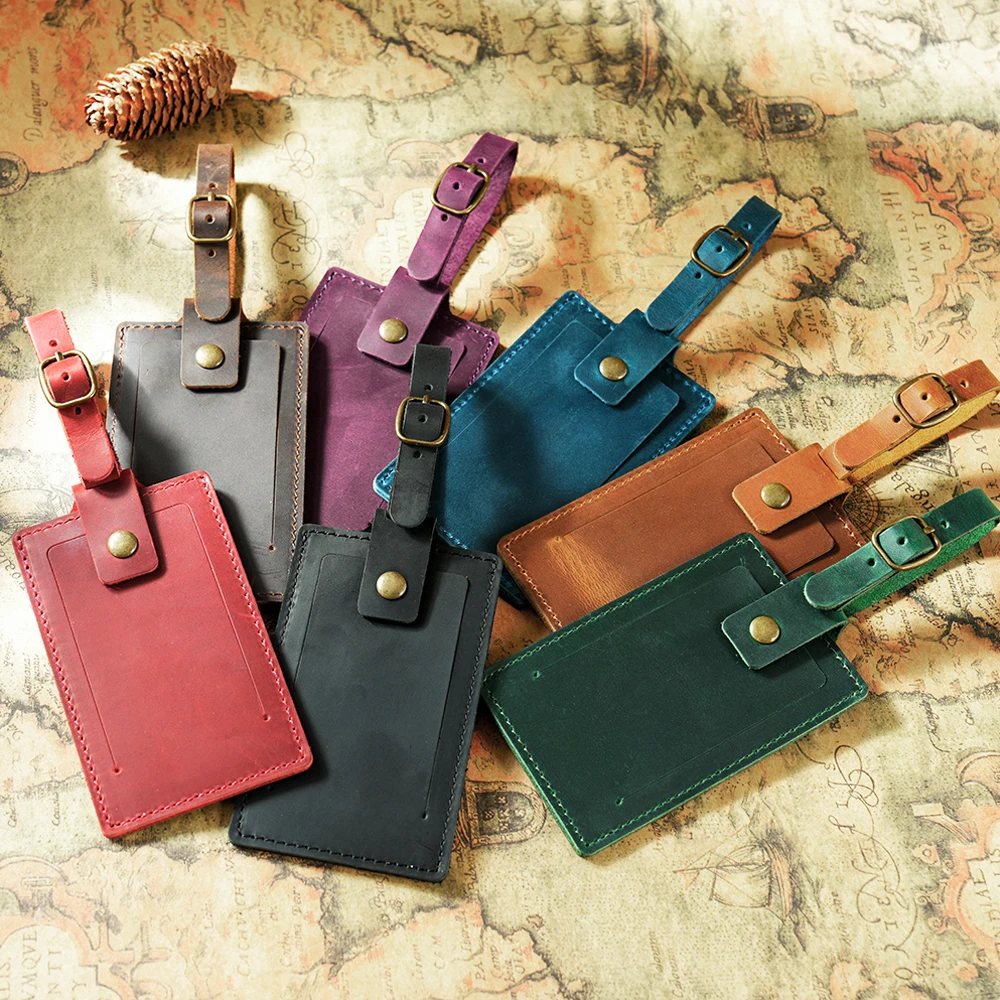 Vintage-Style Top-Grain Leather Luggage Tag with Snap Closure-Creative Airplane Travel Suitcase ID Tag for Check-In/Boarding