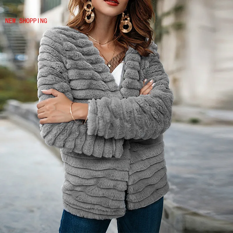 2022 New Women Soft Rabbit Fur Coat Autumn Long Sleeve Windbreaker Quality Thick Jackets Plus Size Slim Winter Fur Jacket Gray