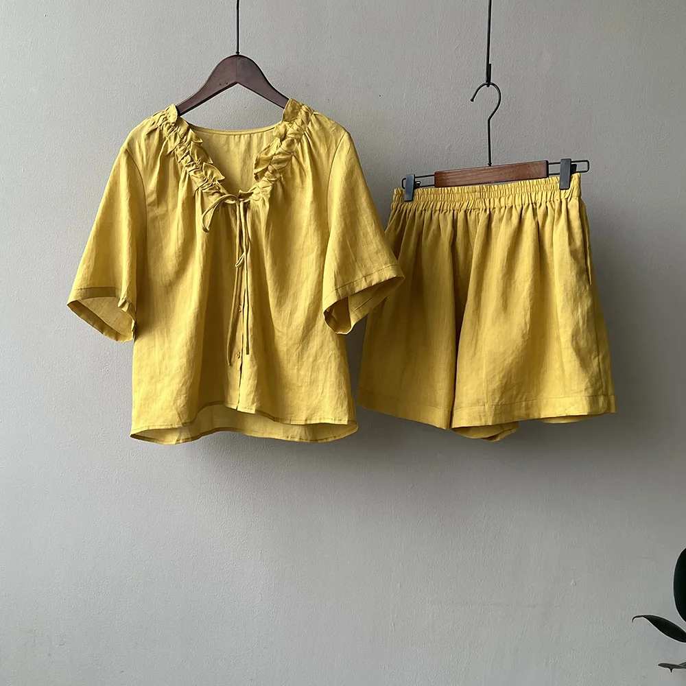 Women Clothing Set Korean Style Linen Fashion Suit 2024 Summer Lace-up V-neck Shirt and Shorts Solid Color Two-piece Set