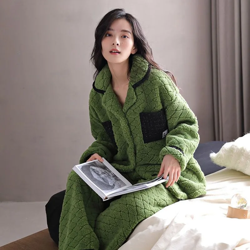 2024 New Women Pajamas Winter Thermal Coral Fleece Long Sleeve Cardigan Thickened Velvet Female Homewear Nightclothes Suit